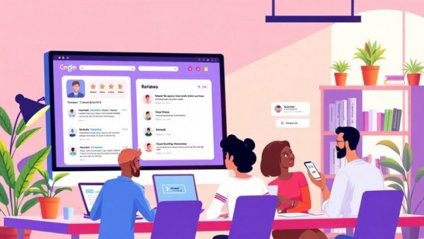 Cartoon workspace showcasing online review management platform.