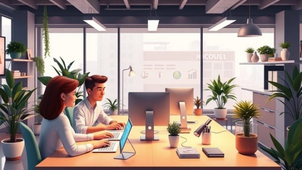 Illustration of professionals using an online review management platform in a modern office setting