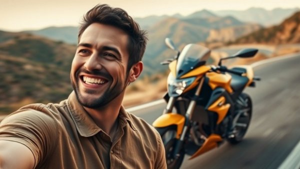 Portrait of a man with a yellow electric bike on a winding road.