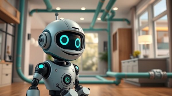 Futuristic robot analyzing home pipeline for leak detection, 3D style.