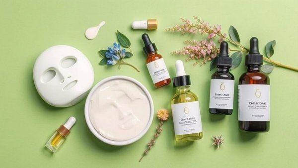 Personalized skincare routine items on green background.