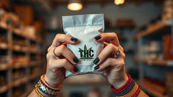 Hands holding THC labeled package during Florida marijuana investigation.
