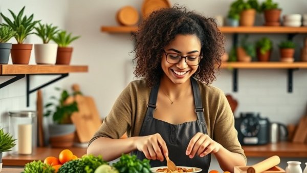 Young woman preparing food, illustrating carbohydrates and brain health.