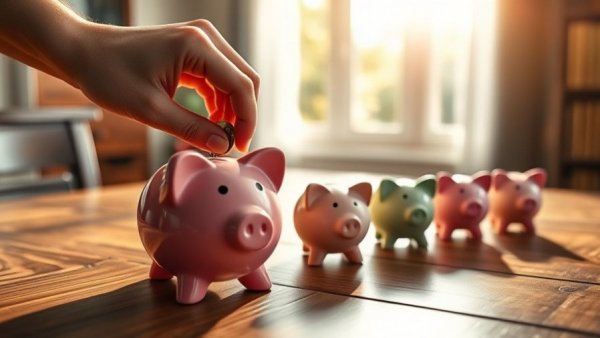 Colorful piggy banks and coin symbolize financial flexibility.