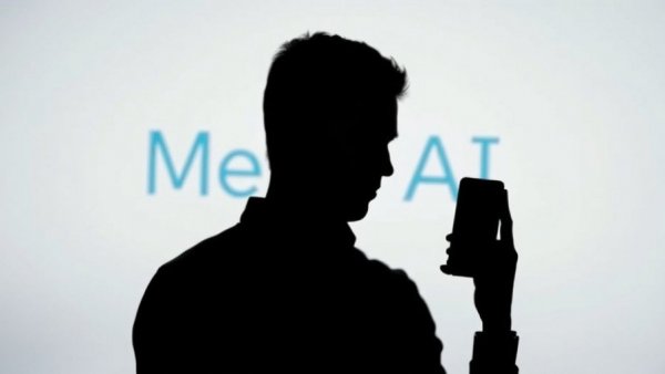 Silhouette with smartphone and Meta AI logo, Meta AI lab innovations.