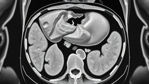 Grayscale CT scan highlighting biomarkers for early detection of pancreatic cancer.