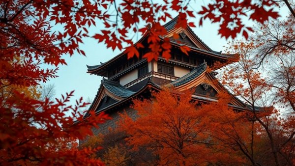 A traditional Japanese castle roof with colorful autumn leaves, ideal for Aomori travel.