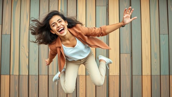 Energetic woman jumping happily, vibrant wooden background, prevent agent burnout in real estate.