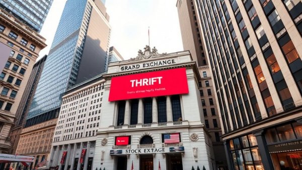 Iconic stock exchange building with a large digital banner about refinancing.