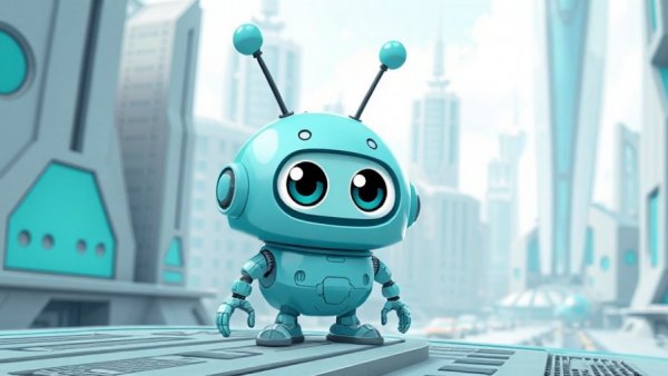 Cartoon teal robot in a futuristic setting with geometric patterns.
