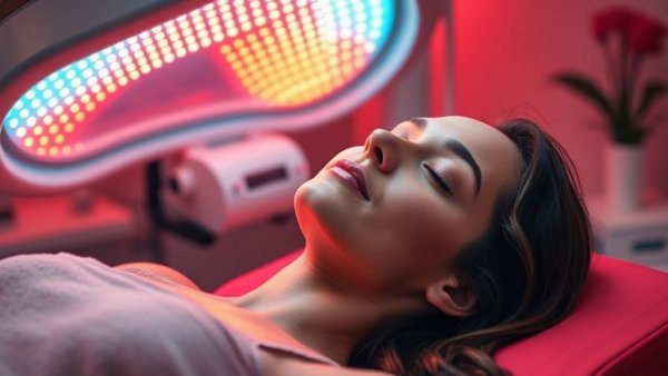 Young adult experiencing wellness technologies with light therapy.