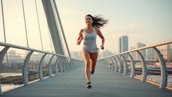 Energetic runner on a bridge promoting balanced blood sugar for performance.
