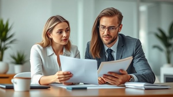 Discussing real estate advice for buyers in a modern office.