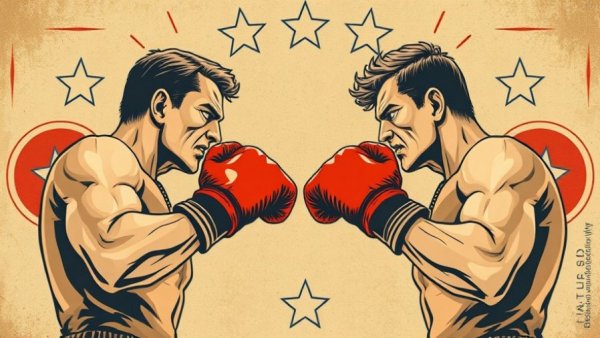 Illustration of two individuals in a boxing face-off, Musk vs Altman theme.