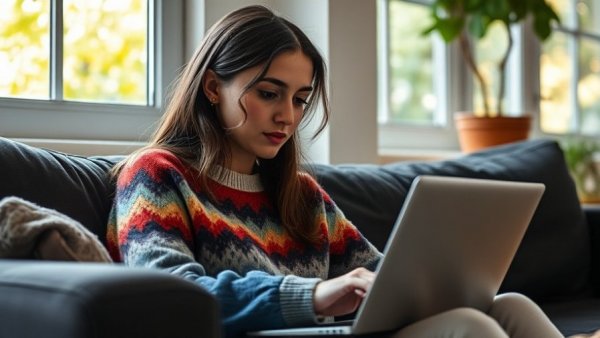 Woman searching for cheapest flights on laptop in cozy setting.