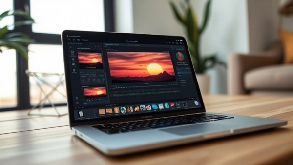 Laptop with photo editing software open, showcasing a sunset image, related to California listing photo law.