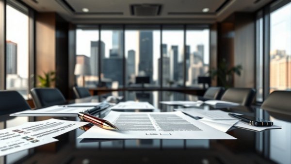 Office desk with documents and deals hinting at bribery in contracts.