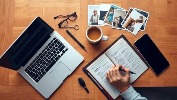 Desk with laptop, coffee, and writing for business skills courses.