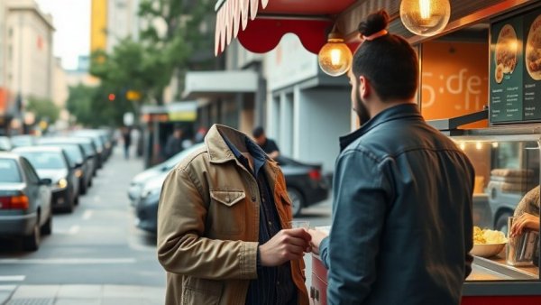 Person orders food at street cart with PopWheels food cart battery swapping.
