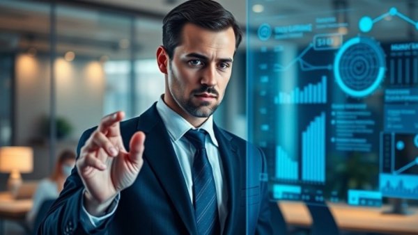 Businessman's hand with virtual data on transparent screen, M&A insights.