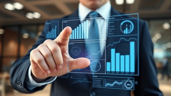 Business professional using a virtual data interface for mergers and acquisitions analytics.