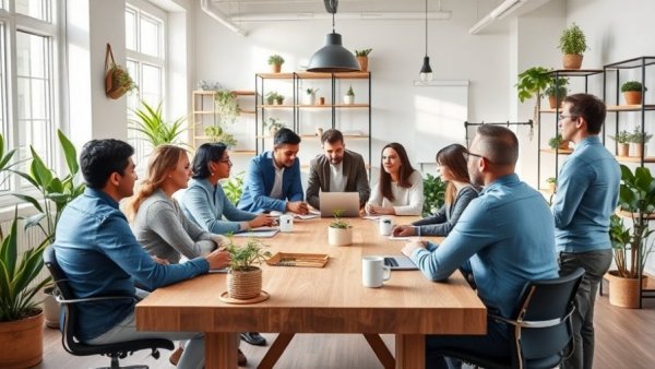 Vibrant collaborative workspace with group discussion to create a productive office space.