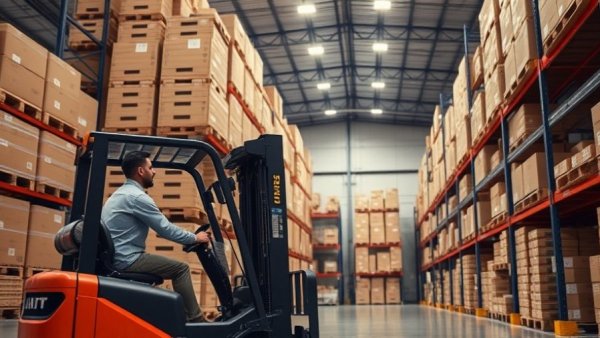 Warehouse worker operating forklift in organized stockroom, WESCO International AI competitive edge