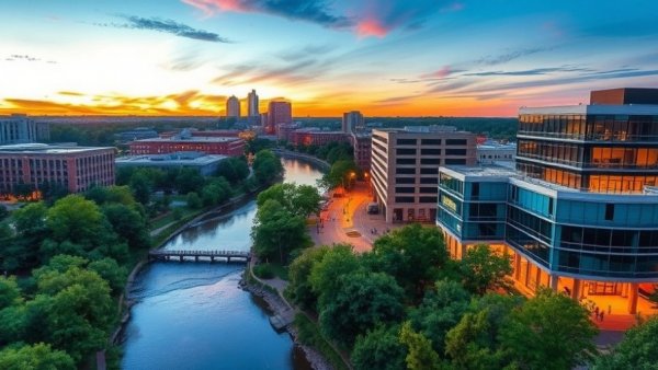 Aerial view of Greenville South Carolina at sunset, highlighting the city's vibrant architecture and scenic river.