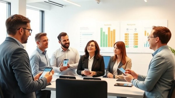 Business team discussing loyalty app software features illustration