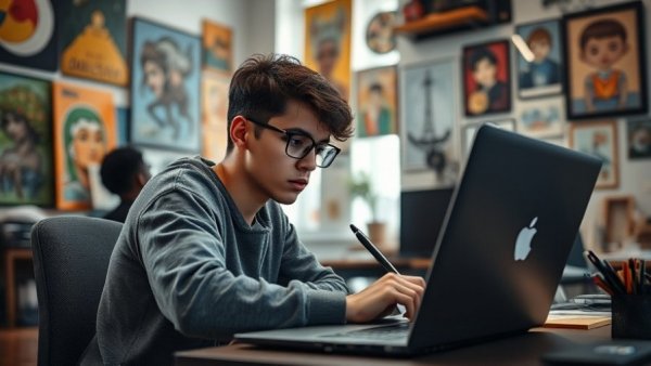 Focused designer using laptop, AI face swapping in professional design