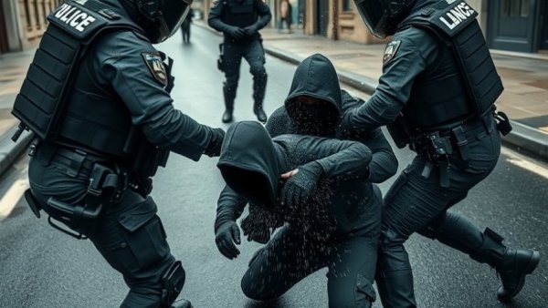 Tense confrontation involving tactical gear and hooded person on wet street.