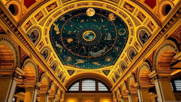 Celestial mural in historic train station, astrocartography travel.