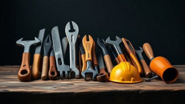 Assorted tools on wooden surface, internal tools competing with product concept.