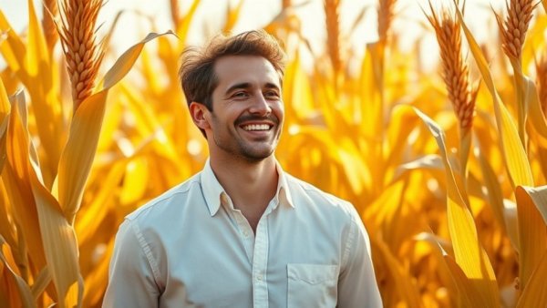 Happy man in a cornfield, showcasing wellness and joy in Hill Country.