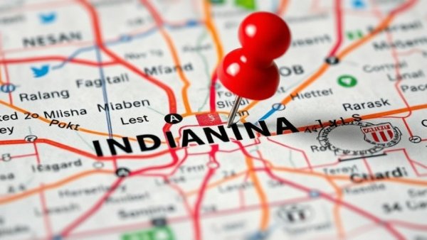 Detailed map of Indianapolis with a red pushpin indicating a location, representing buyer-friendly housing markets 2026.