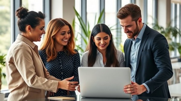 Team discussing Google review management strategies in an office.