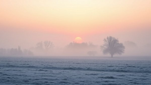 Frosty Tampa landscape at dawn with trees and mist.