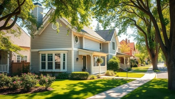 Modern suburban house with sunlight filtering through trees, ideal home for mortgage refinancing discussion.