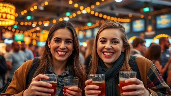 Smiling pair enjoying Whiskey festival Austin 2026 indoors.