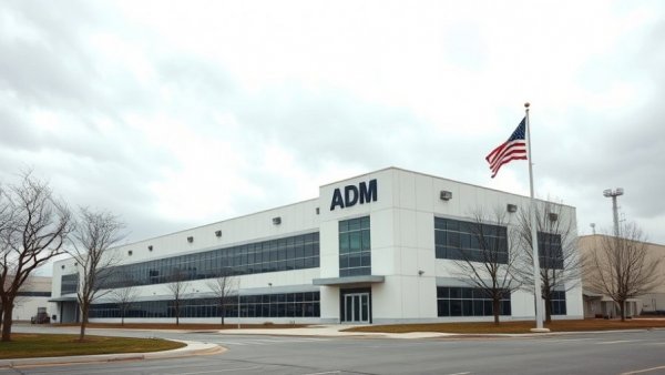 ADM headquarters with American flag in overcast environment.