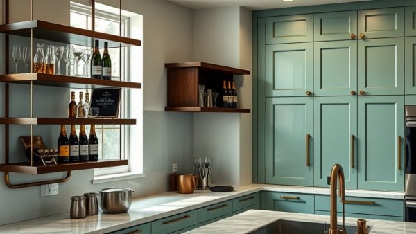 Modern kitchen with suspended shelving and green cabinets.