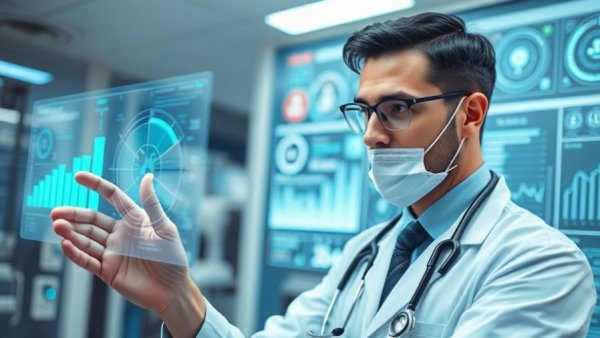 Doctor using AI in healthcare holographic interface.