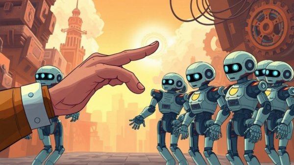 Surreal cartoon of hand picking robot in city, OpenAI hiring strategies.