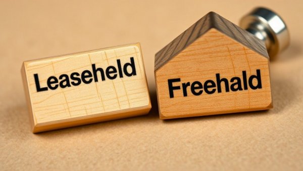 Wooden leasehold and freehold stamps with house model on a cardboard surface.