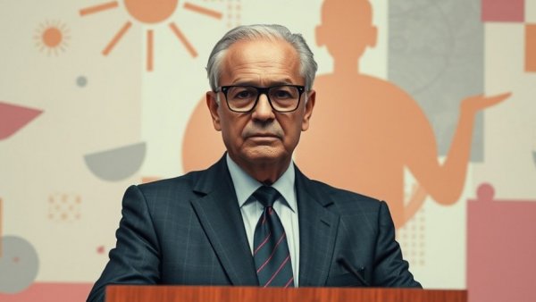 Stylized portrait of older man discussing Fed rates, colorful overlay