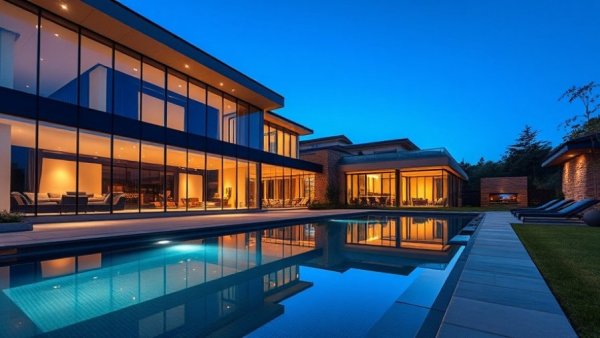 Modern luxury home reflecting 2026 trends, elegant glass design.