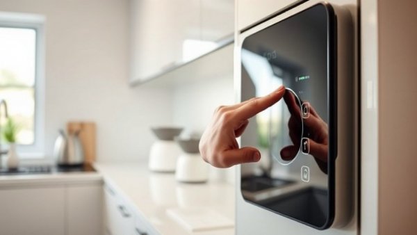 Modern kitchen tech being upgraded, hand interacting with device
