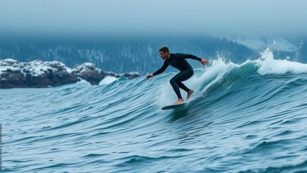 Ski and surf in Cape Smokey: surfer navigating chilly waves.