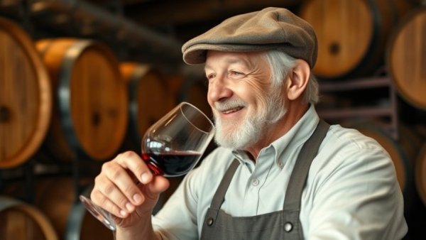 Elderly person tasting Brazilian sparkling wine in rustic winery.