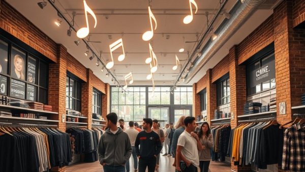 Trendy store with sonic branding using musical notes.